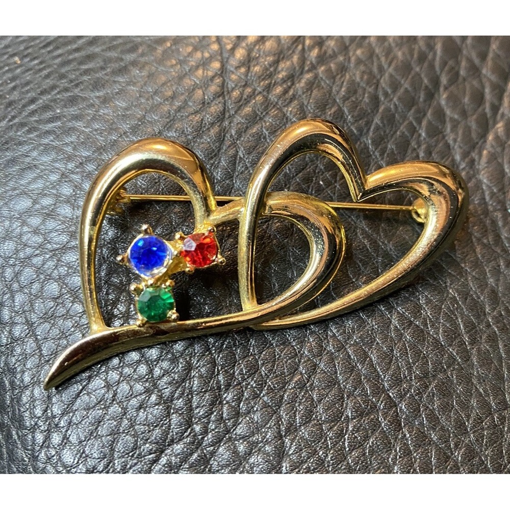 Vintage 3 Colors rhinestone double interlocking heart pin brooch Gold-tone Love